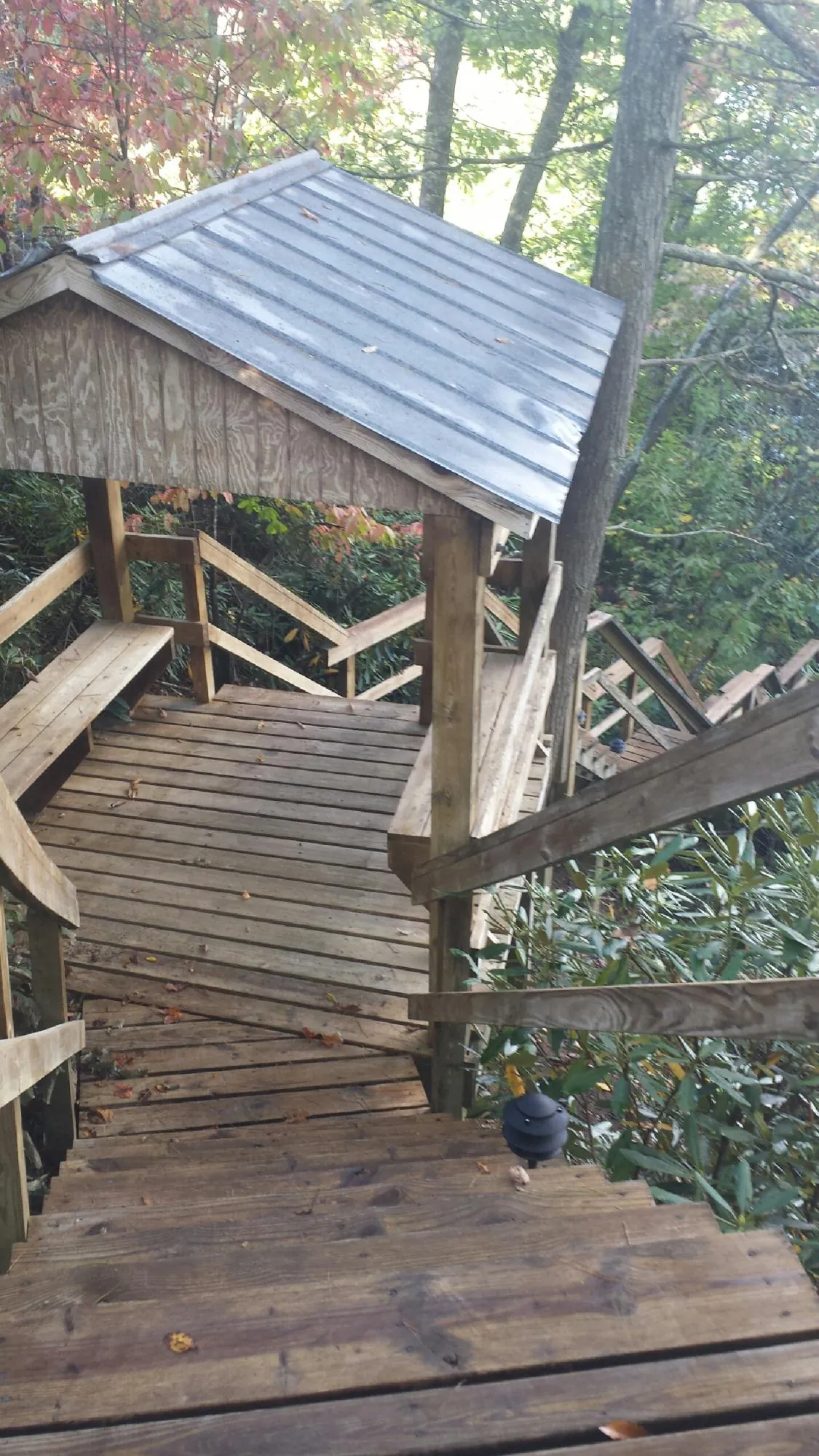 Metal roofed shelter over wooden steps on a wooded walkway — Skylight Repair & Installation work by our crew in Blountville